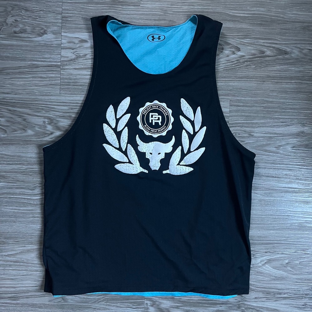 Under Armour Project Rock Training Reversible Tank Top Mens Black Blue Gym Vest